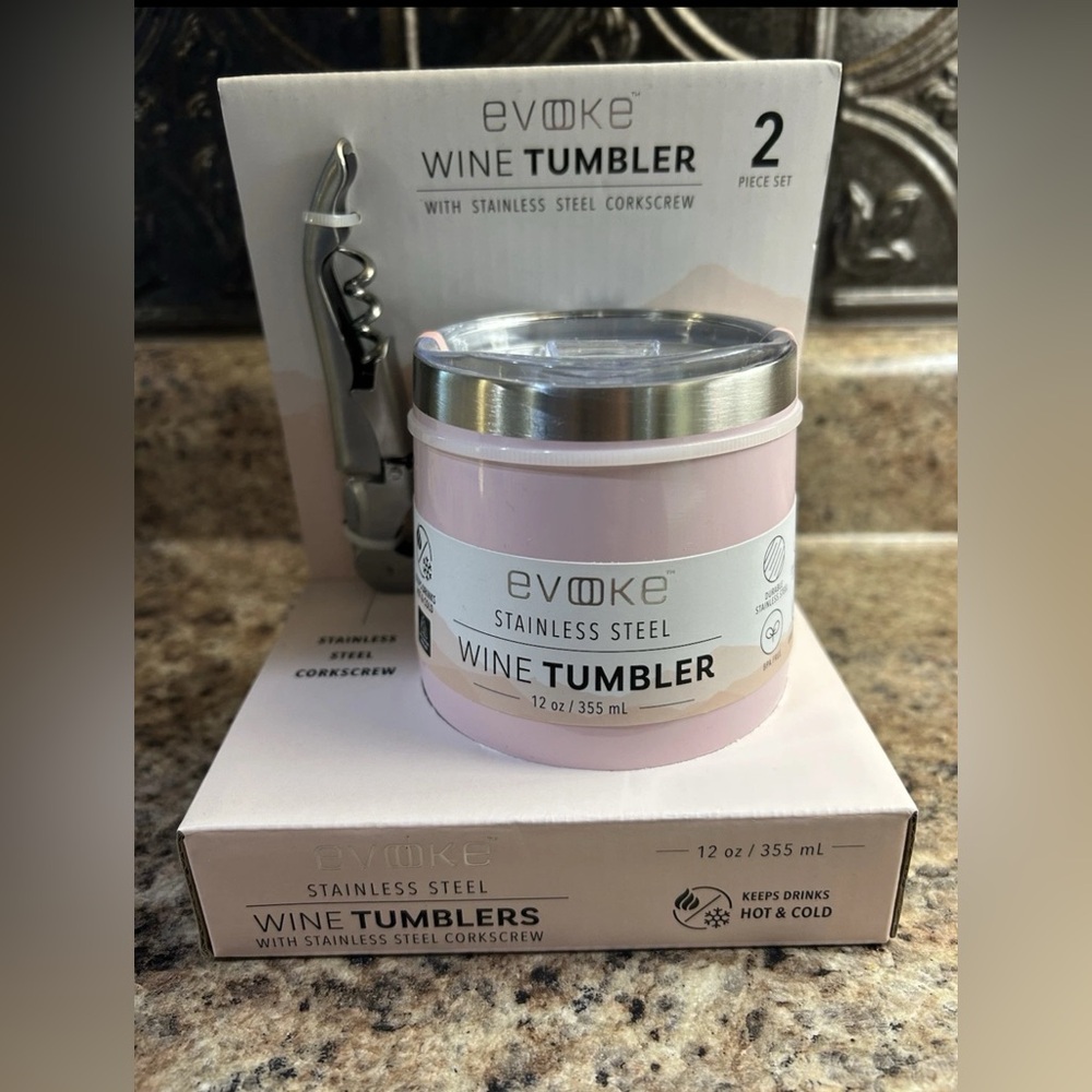 New Evoke 12oz Wine Tumbler & Cork Screw Gift Set Pink Stainless Steel Picnic Ca